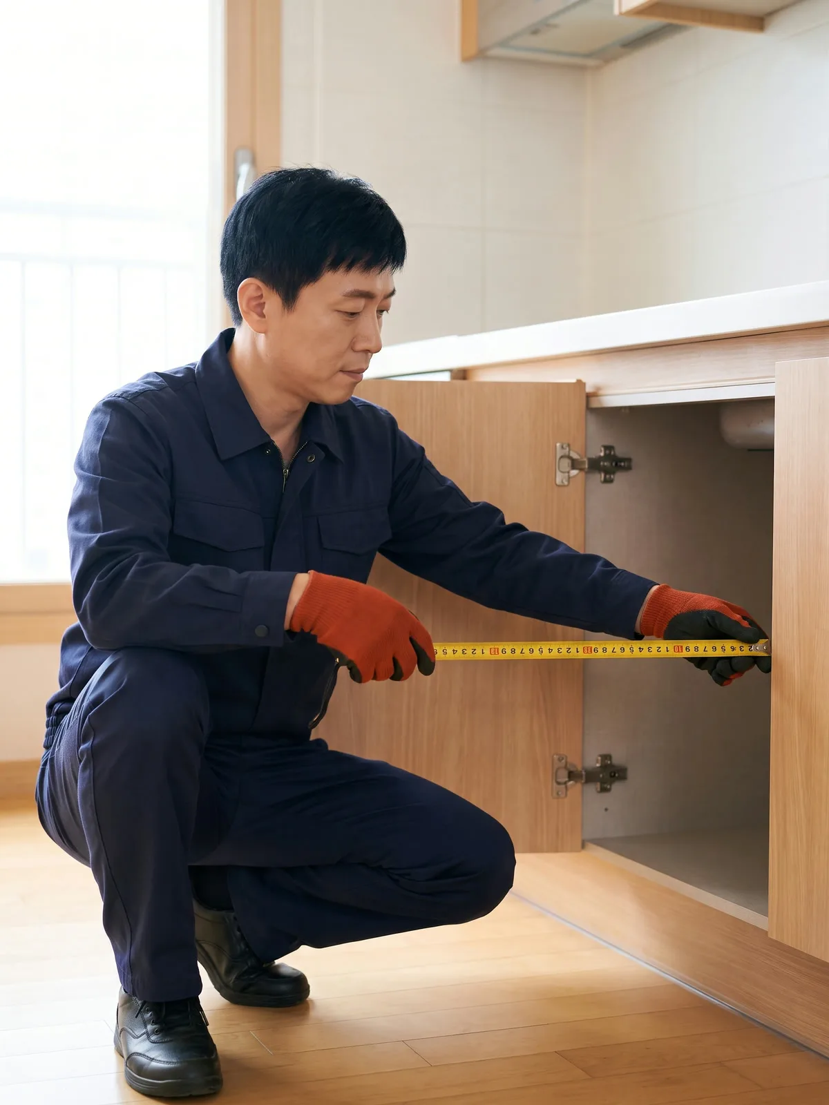주방 하부장 안쪽에서 식기세척기 급수와 배수를 연결하는 장면