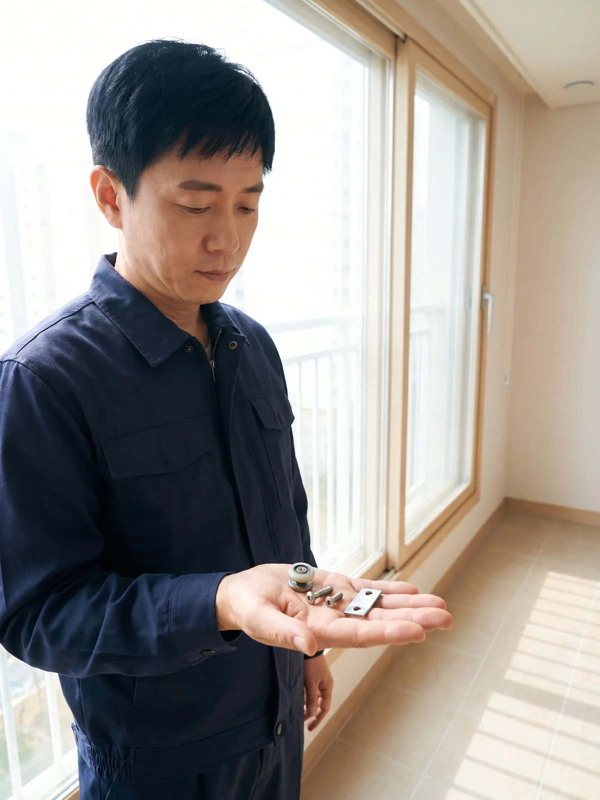창호에서 떼어 낸 손잡이와 잠금 부속을 확인하는 장면